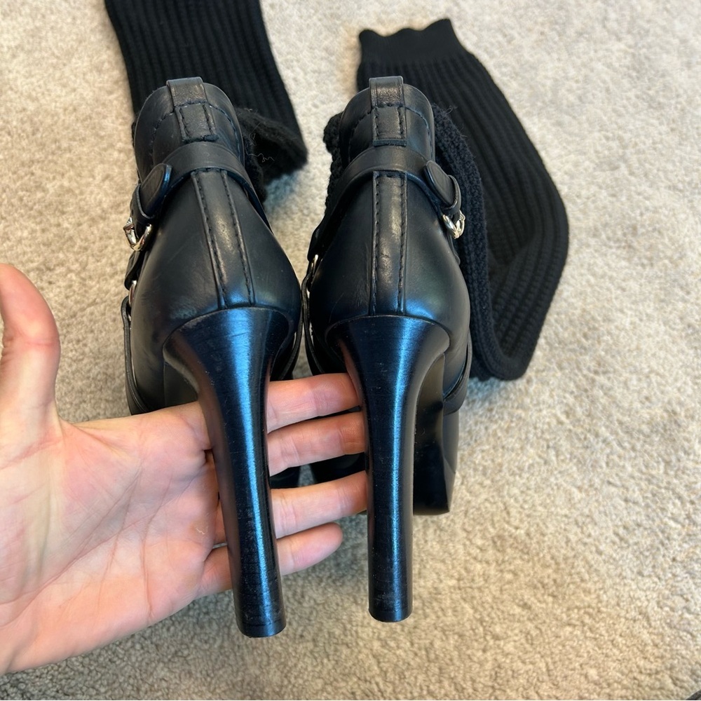 Gucci black wool knit over the knee sock harness boots leather platform 39.5 - Picture 7 of 12